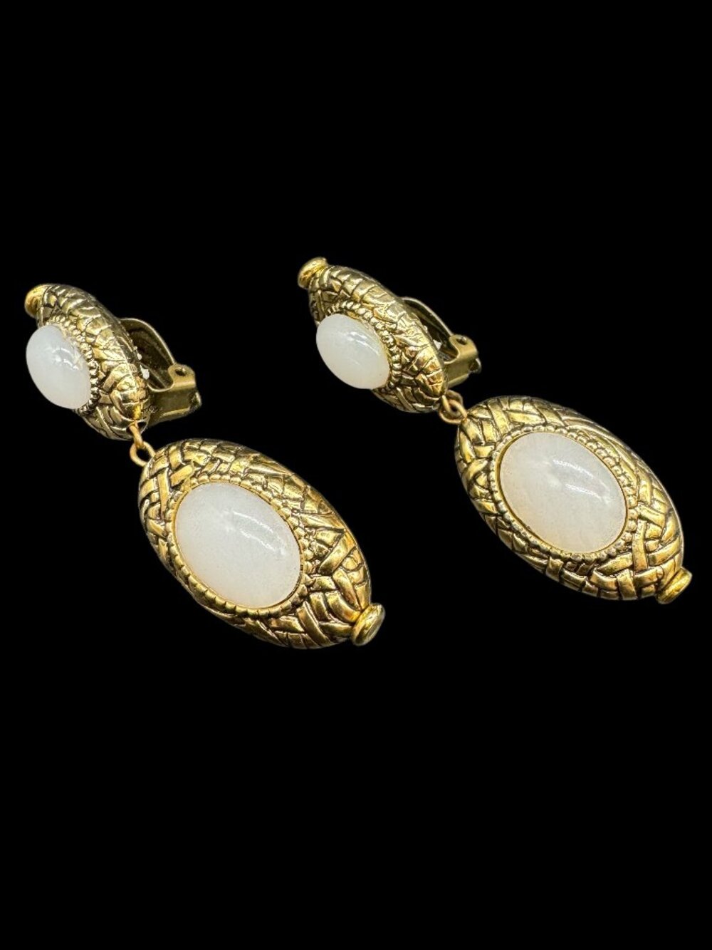 Vintage Gold Tone Clip-on Earrings Dangling Oval White Cabochon